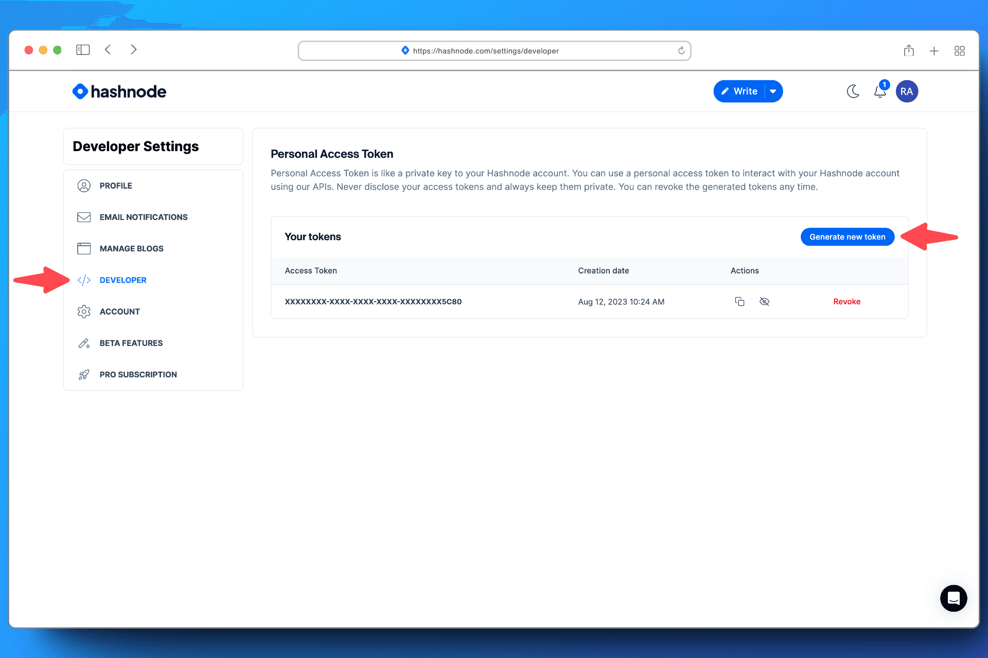 Hashnode Developer Settings