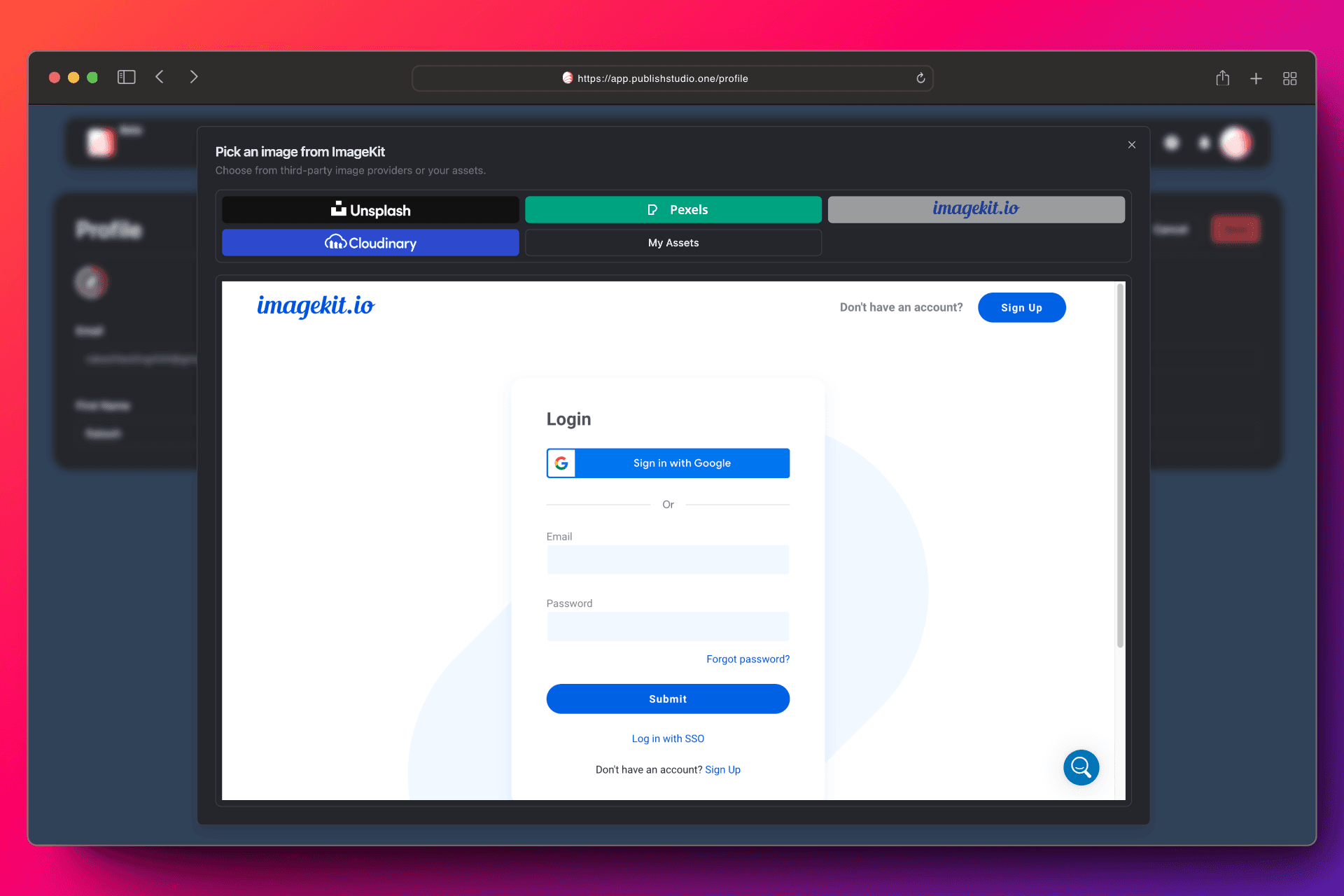 ImageKit login screen in UI widget